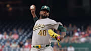 Washington, District of Columbia, USA; Athletics starting pitcher Luis Severino (40) pitches against the Washington Nationals during the first inning at Nationals Park.