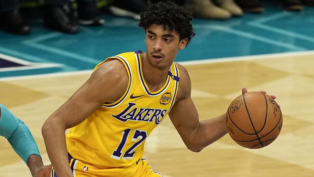 Jan 27, 2025; Charlotte, North Carolina, USA; Los Angeles Lakers guard Max Christie (12) handles the ball against Charlotte Hornets forward Josh Okogie (12) during the second quarter at the Spectrum Center. Mandatory Credit: Jim Dedmon-Imagn Images