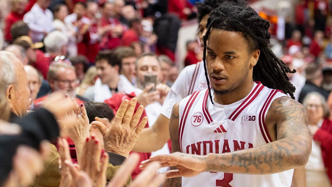 Indiana's Lamar Wilkerson (3) celebrates after defeating Wisconsin  at Simon Skjodt Assembly Hall on Saturday, Feb. 7, 2026.