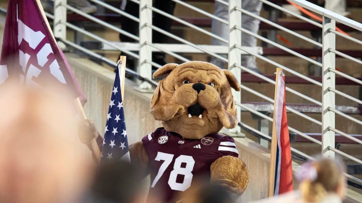 Bully gets the crowd going during the Egg Bowl at Davis Wade Stadium in Starkville, Miss., Thursday, Nov. 23, 2023.