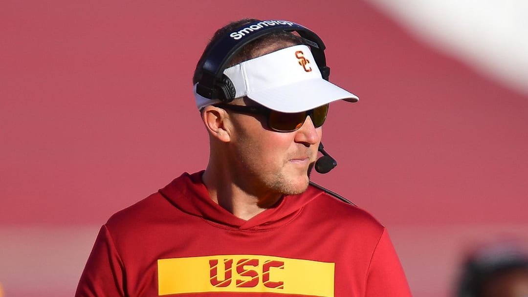 Nov 16, 2024; Los Angeles, California, USA; Southern California Trojans head coach Lincoln Riley watches game action against the Nebraska Cornhuskers during the second half at the Los Angeles Memorial Coliseum. Mandatory Credit: Gary A. Vasquez-Imagn Images