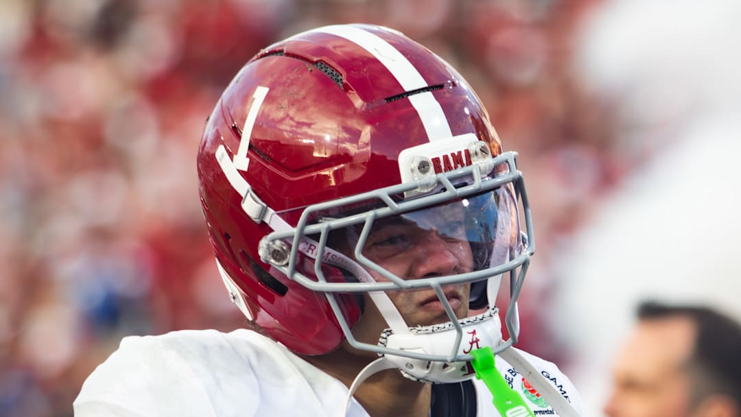 Alabama defensive back Domani Jackson emotionally exits the Rose Bowl on Jan. 1, 2026.