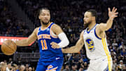 Mar 18, 2024; San Francisco, California, USA; Golden State Warriors guard Stephen Curry (30) guards New York Knicks guard Jalen Brunson (11) during the first half at Chase Center. Mandatory Credit: John Hefti-Imagn Images