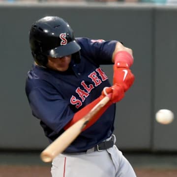 Salem Red Sox Nick Yorke makes contact in the game against Delmarva Shorebirds Tuesday, May 4, 2021, at Perdue Stadium in Salisbury, Maryland.

Bbm Delmarva Shorebirds Salem Red Sox