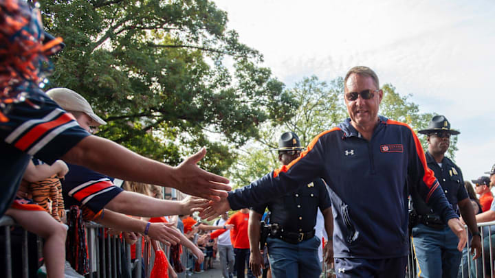 Auburn Tigers head coach Hugh Freeze greets fans during Tiger Walk before Auburn Tigers take on Vanderbilt Commodores at Jordan-Hare Stadium in Auburn, Ala., on Saturday, Nov. 2, 2024.