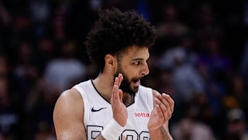 Mar 26, 2025; Denver, Colorado, USA; Denver Nuggets guard Jamal Murray (27) reacts after a play in the fourth quarter against the Milwaukee Bucks at Ball Arena. Mandatory Credit: Isaiah J. Downing-Imagn Images