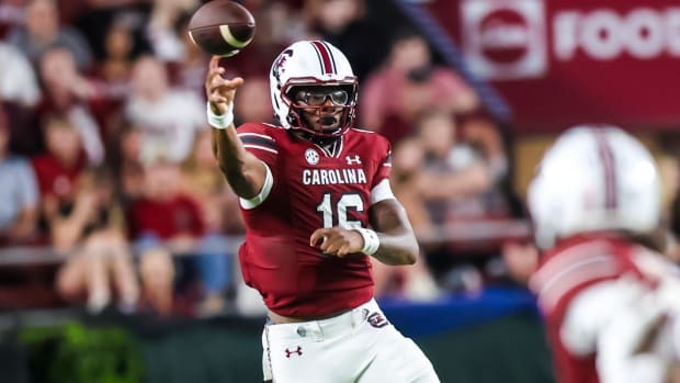 South Carolina Gamecocks quarterback LaNorris Sellers attempts a pass during a college football game in the SEC.