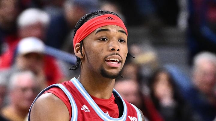 Jan 4, 2026; Spokane, Washington, USA; Loyola Marymount Lions forward Jalen Shelley (1) controls the ball against the Gonzaga Bulldogs in the first half at McCarthey Athletic Center. Mandatory Credit: James Snook-Imagn Images