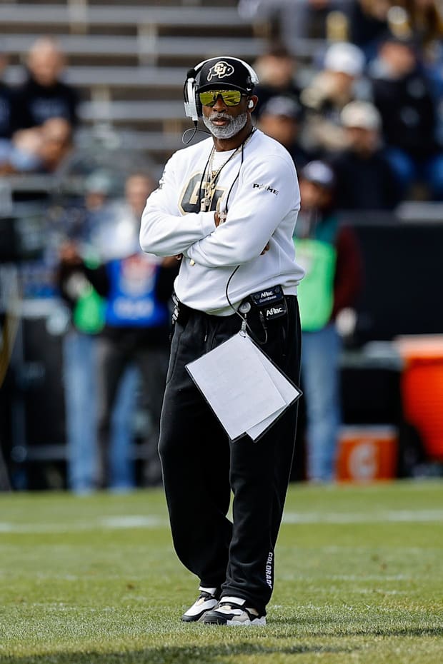 Apr 19, 2025; Boulder, CO, USA; Colorado Buffaloes head coach Deion Sanders during the spring game at Folsom Field. Mandatory