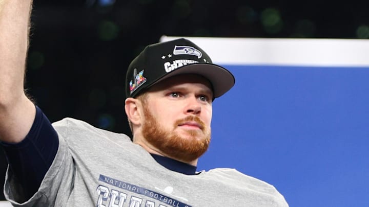 Seattle Seahawks quarterback Sam Darnold celebrates