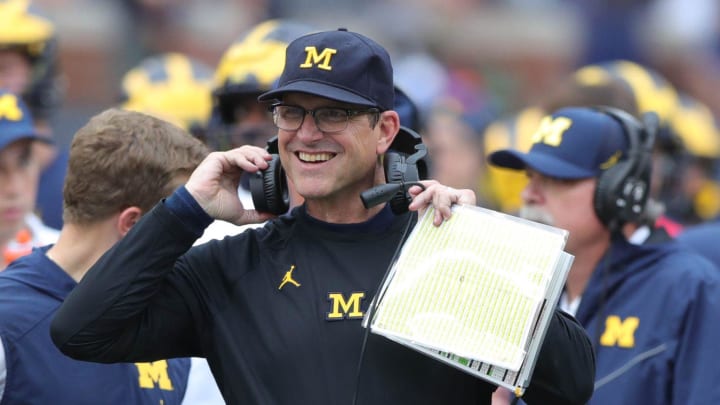 Michigan head coach Jim Harbaugh smiles on the sideline during the second half against Maryland, Saturday, Oct. 6, 2018 at Michigan Stadium.