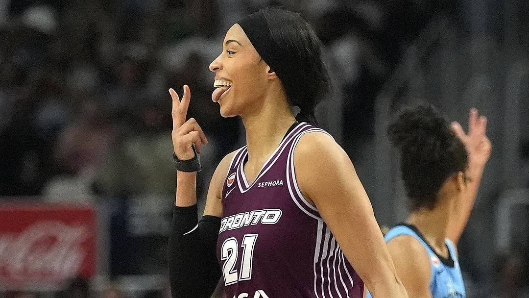 Jun 7, 2026; Toronto, Ontario, CAN; Toronto Tempo forward Isabelle Harrison (21) reacts after making a three point basket against the Chicago Sky during the second half at Coca-Cola Coliseum. Mandatory Credit: John E. Sokolowski-Imagn Images