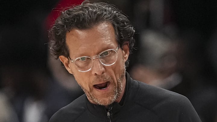 Atlanta Hawks head coach Quin Snyder reacts on the sideline during the game against the Cleveland Cavaliers during the second half at State Farm Arena on April 10, 2026.