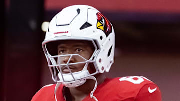Nov 23, 2025; Glendale, Arizona, USA; Arizona Cardinals offensive lineman Kelvin Beachum (68) against the Jacksonville Jaguars at State Farm Stadium. Mandatory Credit: Mark J. Rebilas-Imagn Images