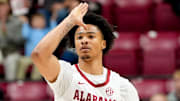 Dec 7, 2025; Tuscaloosa, AL, USA; Alabama guard Jalil Bethea (1) makes a celebratory gesture after hitting a three pointer against UTSA at Coleman Coliseum. Mandatory Credit: Gary Cosby Jr.-Tuscaloosa News
