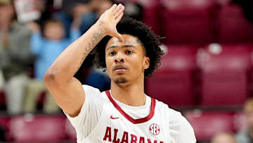 Dec 7, 2025; Tuscaloosa, AL, USA; Alabama guard Jalil Bethea (1) makes a celebratory gesture after hitting a three pointer against UTSA at Coleman Coliseum. Mandatory Credit: Gary Cosby Jr.-Tuscaloosa News