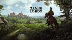 Manor Lords key art showing a knight survey his lands.