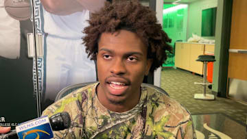 Michigan State's Coen Carr speaks to the media following a win over Arkansas on Nov. 8, 2025.