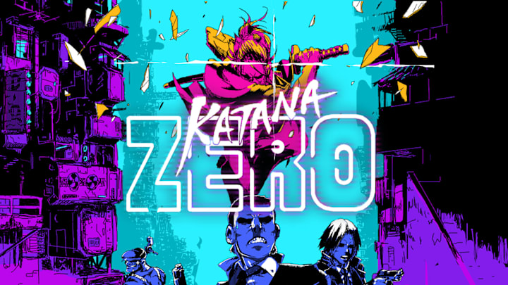 a cartoon style art from Katana Zero as the hero jump attacks towards some suited up goons