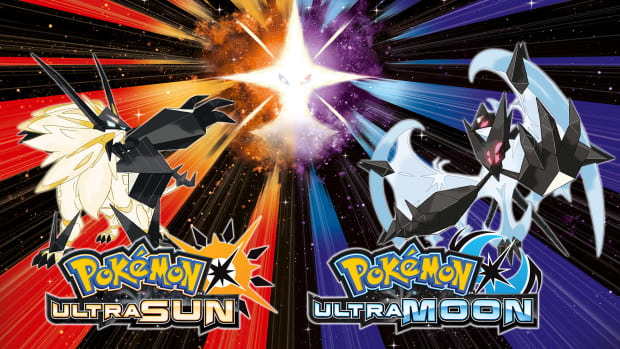 Key art for Pokemon Ultra Sun and Ultra Moon showing Dawn Wings, Dusk Mane, and Ultra Necrozma in space