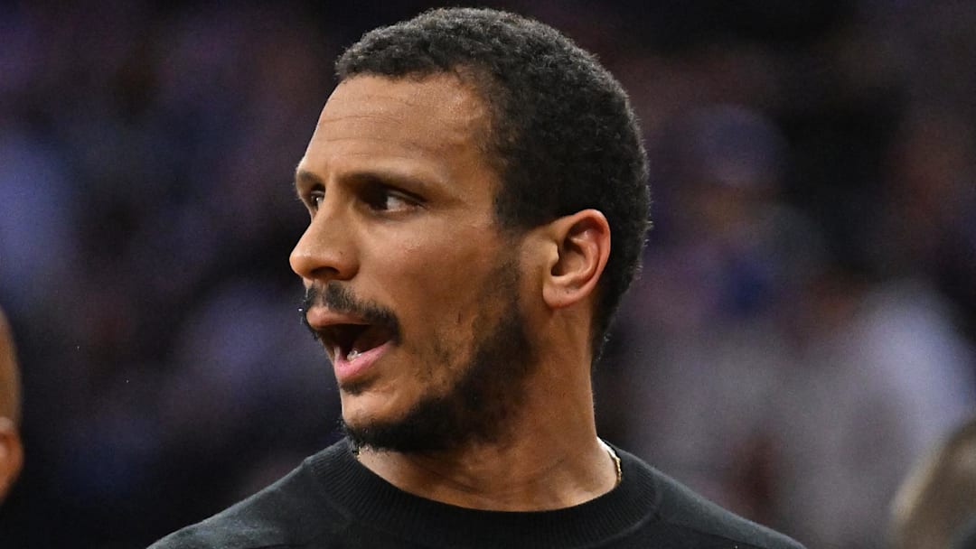 Apr 26, 2026; Philadelphia, Pennsylvania, USA; Boston Celtics head coach Joe Mazzulla argues with the referee over a call against the Philadelphia 76ers during the first half at Xfinity Mobile Arena. Mandatory Credit: Eric Hartline-Imagn Images