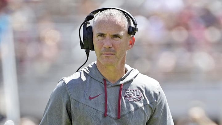 Sep 14, 2024; Tallahassee, Florida, USA; Florida State Seminoles head coach Mike Norvell looks on during the first half against the Memphis Tigers at Doak S. Campbell Stadium. Mandatory Credit: Melina Myers-Imagn Images