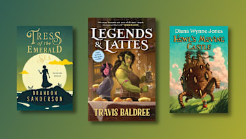 Tress of the Emerald Sea by Brandon Sanderson; Legends and Lattes by Travis Baldree; Howl's Moving Castle by Diana Wynne Jones