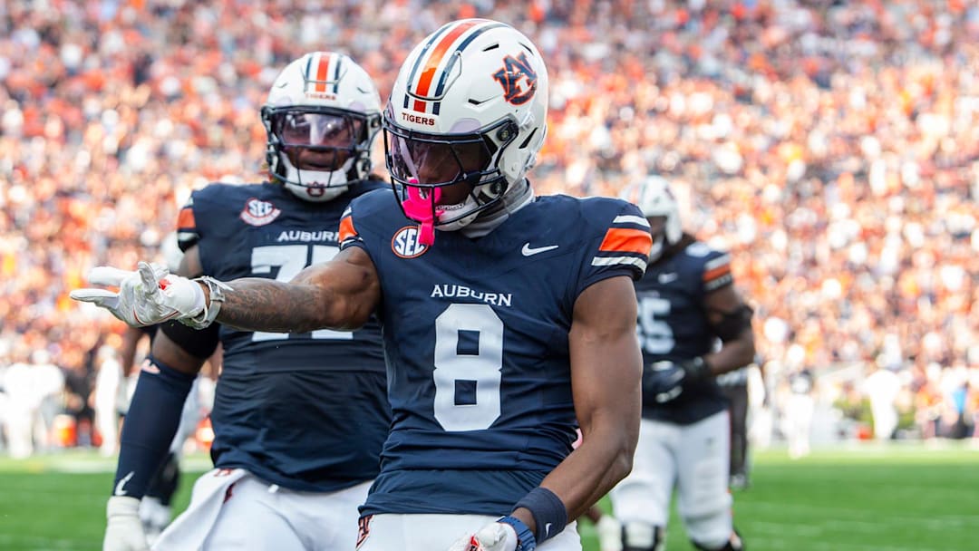 Auburn Tigers wide receiver Cam Coleman celebrates his touchdown as Auburn Tigers take on Mercer Bears at Jordan-Hare Stadium.