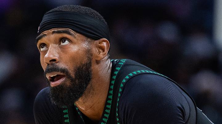 Apr 7, 2026; Indianapolis, Indiana, USA; Minnesota Timberwolves guard Mike Conley (10) looks on in the second half against the Indiana Pacers at Gainbridge Fieldhouse. Mandatory Credit: Trevor Ruszkowski-Imagn Images