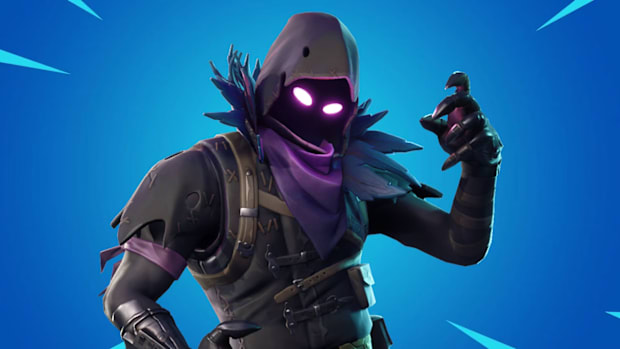 Fortnite Raven skin. A man wearing a black robe head-to-toe. His hood shadows his face but glowing pink eyes shine out.