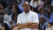 Nov 25, 2025; Fort Myers, Florida, USA; North Carolina Tar Heels head coach Hubert Davis looks on during a game against the St. Bonaventure Bonnies at Suncoast Credit Union Arena. Mandatory Credit: Nathan Ray Seebeck-Imagn Images