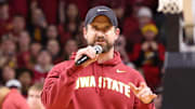 Dec 11, 2025; Ames, Iowa, USA;  Iowa State Cyclones new football coach Jimmy Rogers speaks during the Cyclones game with the Iowa Hawkeyes during the first half at James H. Hilton Coliseum. 