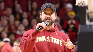 Dec 11, 2025; Ames, Iowa, USA;  Iowa State Cyclones new football coach Jimmy Rogers speaks during the Cyclones game with the Iowa Hawkeyes during the first half at James H. Hilton Coliseum. 