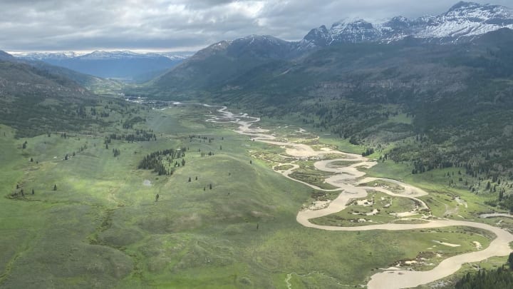 Jun 15, 2022; Gardiner, MT, USA; Damage from flooding of the Yellowstone River is seen in aerial views over Yellowstone National Park. More than 10,000 visitors have been evacuated from the park due to the historic flooding. 