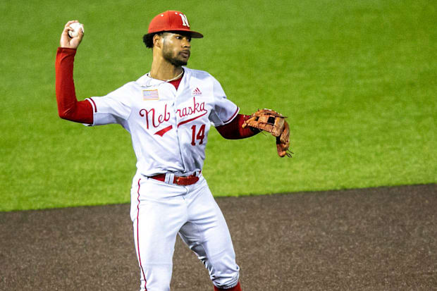Nebraska's Brice Matthews fields a ball during a NCAA Big Ten Conference baseball game