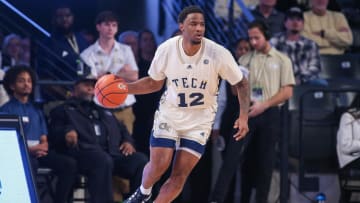 Feb 6, 2024; Atlanta, Georgia, USA; Georgia Tech Yellow Jackets forward Tyzhaun Claude (12) dribbles against the Wake Forest Demon Deacons in the first half at McCamish Pavilion. Mandatory Credit: Brett Davis-USA TODAY Sports
