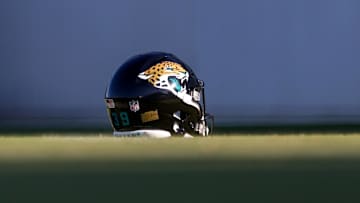 Jul 24, 2025; Jacksonville, FL, USA; Jacksonville Jaguars place kicker Cam Little (39) helmet sits on the field during training camp at Miller Electric Center. Mandatory Credit: Nathan Ray Seebeck-Imagn Images