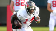 Aug 17, 2020; Tampa, Florida, USA; Tampa Bay Buccaneers wide receiver Chris Godwin (14) trains at AdventHealth Training Center. Mandatory Credit: Kim Klement-USA TODAY Sports