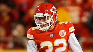 Dec 5, 2021; Kansas City, Missouri, USA; Kansas City Chiefs safety Tyrann Mathieu (32) gets ready before the snap against the Denver Broncos during the second half at GEHA Field at Arrowhead Stadium. Mandatory Credit: Jay Biggerstaff-Imagn Images
