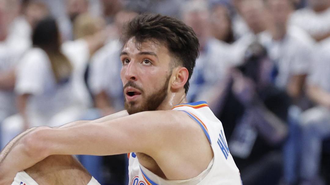 May 26, 2026; Oklahoma City, Oklahoma, USA; Oklahoma City Thunder center Chet Holmgren (7) reacts after a play during the third quarter against the San Antonio Spurs in game five of the western conference finals for the 2026 NBA playoffs at Paycom Center. Mandatory Credit: Alonzo Adams-Imagn Images