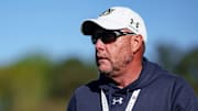 Auburn Tigers head coach Hugh Freeze surveys the field at 2025 Spring Practice.