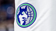 Nov 18, 2023; New Orleans, Louisiana, USA; Detailed view of the Minnesota Timberwolves logo against the New Orleans Pelicans during the second half at the Smoothie King Center. 