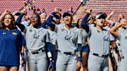 Cal players celebrate their win at Stanford