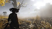 Ghost of Yotei screenshot showing a samurai approaching a village covered in fog.