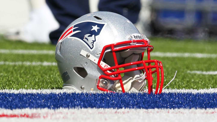Sept. 30, 2012; Orchard Park, NY, USA; A general view of of a helmet used by a New England Patriots player before a game against the Buffalo Bills at Ralph Wilson Stadium. Mandatory Credit: Timothy T. Ludwig-Imagn Images Sept. 30, 2012; Orchard Park, NY, USA; A general view of of a helmet used by a New England Patriots player before a game against the Buffalo Bills at Ralph Wilson Stadium. Mandatory Credit: Timothy T. Ludwig-Imagn Images