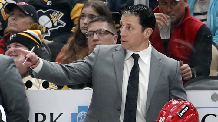 Carolina Hurricanes head coach Rod Brind'Amour gestures on the bench against the Pittsburgh Penguins. Carolina Hurricanes head coach Rod Brind'Amour gestures on the bench against the Pittsburgh Penguins.