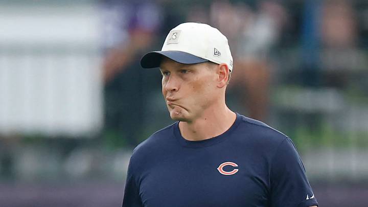 Aug 5, 2026; Lake Forest, IL, USA; Chicago Bears head coach Ben Johnson walks on the field during training camp at Halas Hall. Mandatory Credit: Kamil Krzaczynski-Imagn Images