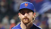 Aug 27, 2025; New York City, New York, USA; New York Mets starting pitcher Nolan McLean (26) on the field after defeating the Philadelphia Phillies at Citi Field. Mandatory Credit: Vincent Carchietta-Imagn Images