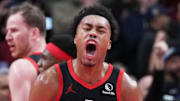 Toronto Raptors forward Scottie Barnes (4) celebrates the win against the Indiana Pacers at the end the fourth quarter at Scotiabank Arena.