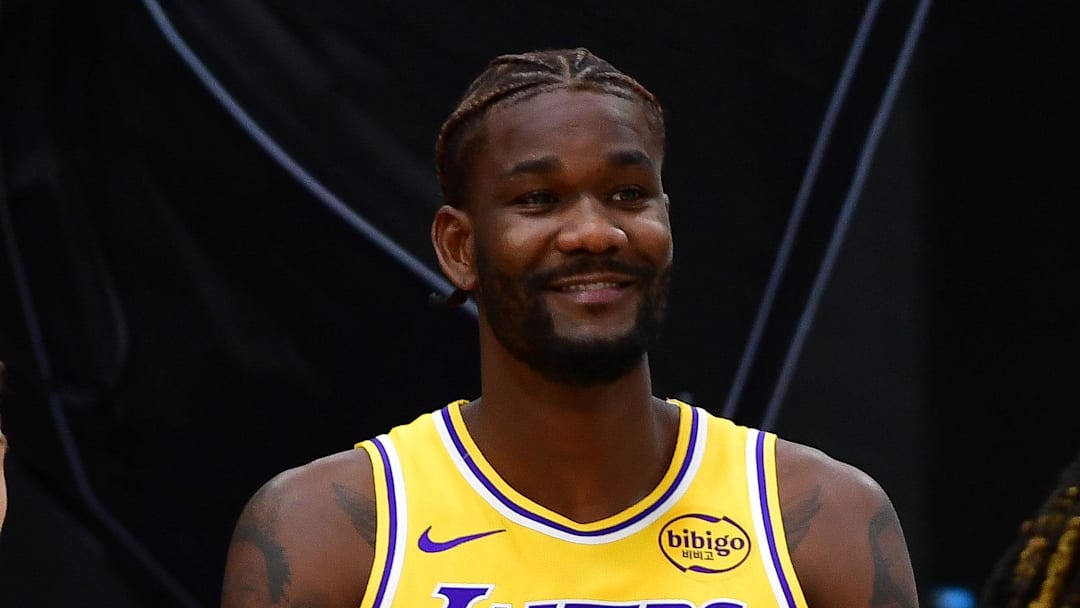 Sep 29, 2025; Los Angeles, CA, USA; Los Angeles Lakers guard Augustus Marciulionis (31), center Deandre Ayton (5) and guard R.J. Davis (55) during media day at UCLA Health Training Center. Mandatory Credit: Gary A. Vasquez-Imagn Images
